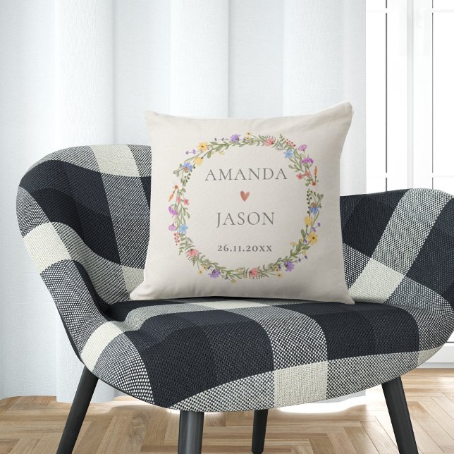 Wildflower Purple Blue Yellow Pink Wreath Floral Throw Pillow (Creator Uploaded)