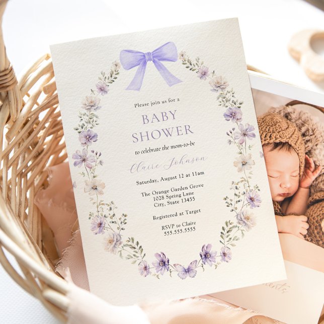 Wildflower Purple Bow Baby Shower Invitation (Creator Uploaded)