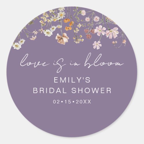 Wildflower Purple Bridal Shower Love is In Bloom Classic Round Sticker