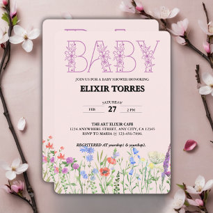 Wildflower Purple Floral Baby Monogram Baby Shower Invitation
