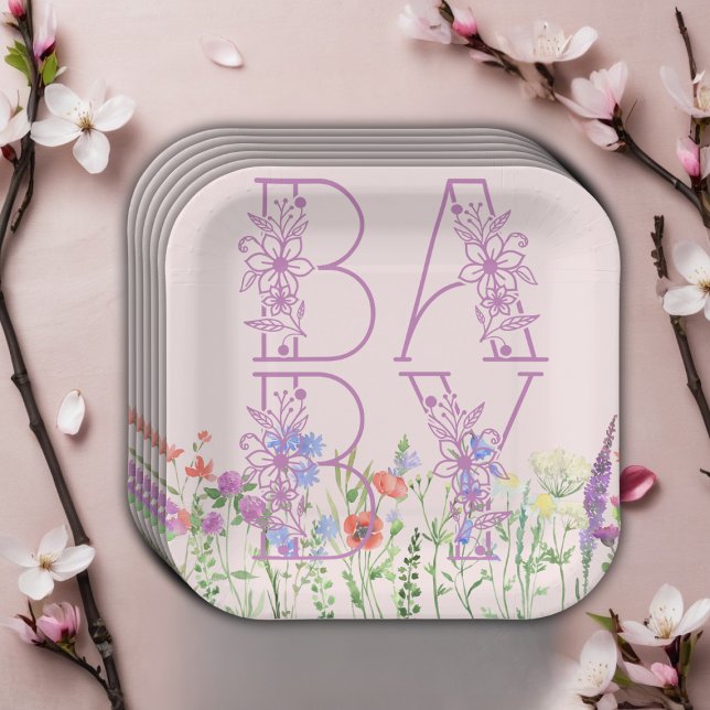 Wildflower Purple Floral Baby Monogram Baby Shower Paper Plates (Creator Uploaded)