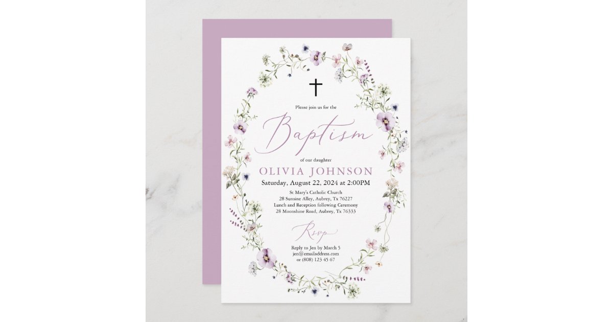 Wildflower Purple Floral Girl Baptism Invitation | Zazzle