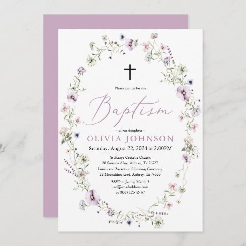 Wildflower Purple Floral Girl Baptism Invitation