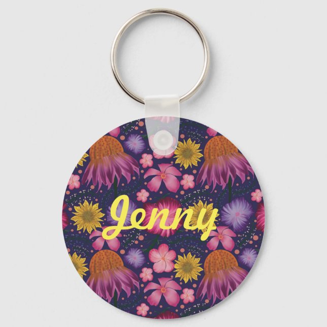 Wildflower Purple Floral Personalized Keychain (Front)