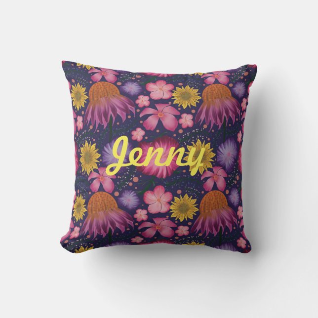 Wildflower Purple Floral Personalized Throw Pillow (Front)