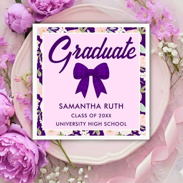 Wildflower Purple Gingham Bow Graduation Party Napkins (Creator Uploaded)