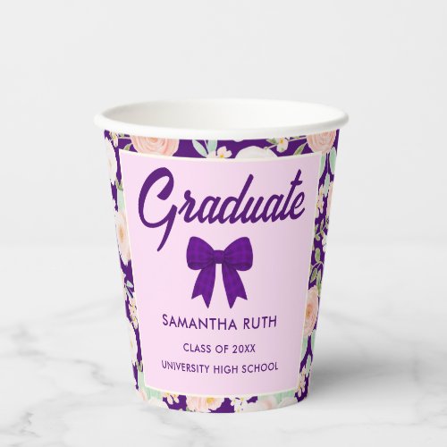 Wildflower Purple Gingham Bow Graduation Party Paper Cups