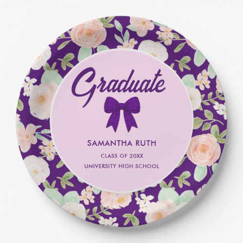 Wildflower Purple Gingham Bow Graduation Party Paper Plates