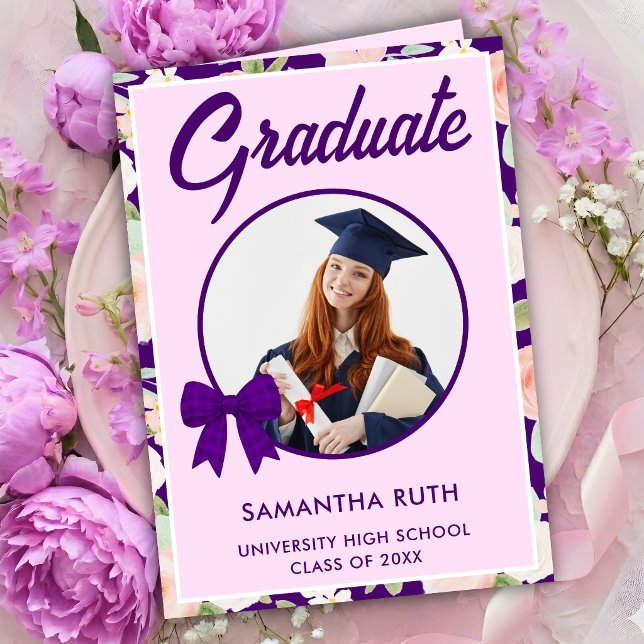 Wildflower Purple Gingham Bow Photo Graduation  Card (Creator Uploaded)