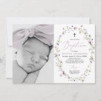 Wildflower Purple Girl Photo Baptism Invitation