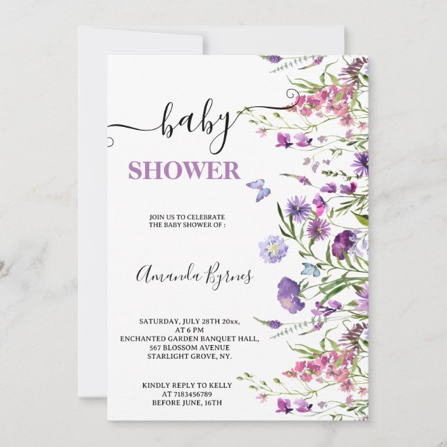 Wildflower Purple Meadow Watercolor Baby Shower  Invitation (Front)