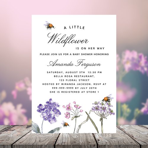 Wildflower purple pink bees girl baby shower invitation
