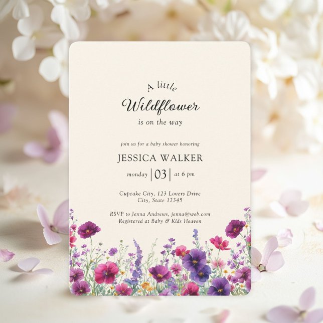 Wildflower, Purple-Pink-Flower Baby Shower Invitation (Wildflower, Purple-Pink-Flower White Baby Shower Invitation. For Baby Girl & Baby Boy.)