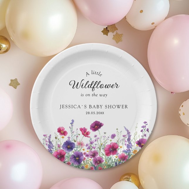Wildflower, Purple-Pink-Flower Baby Shower  Paper Plates (Wildflower, Purple-Pink-Flower Custom Baby Shower Paper Plates.)