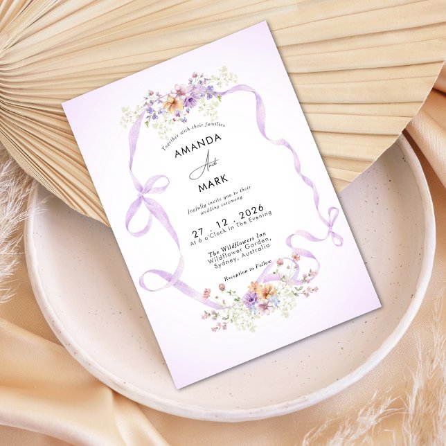 Wildflower Purple Ribbon Coquette Bow Wedding  Invitation (Creator Uploaded)