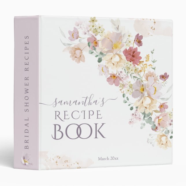 Wildflower Purple Spring Bridal Recipe Book 3 Ring Binder (Front/Spine)
