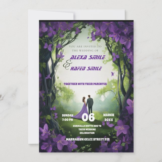 Wildflower purple Wedding Invitation, Pretty Wed Invitation (Front)