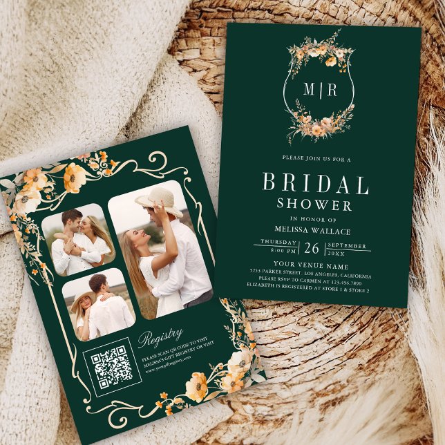 Wildflower QR Code Emerald Green Bridal Shower Invitation (Creator Uploaded)