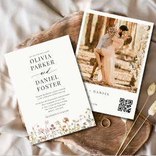 Wildflower QR Code Photo Boho Minimalist Wedding  Invitation