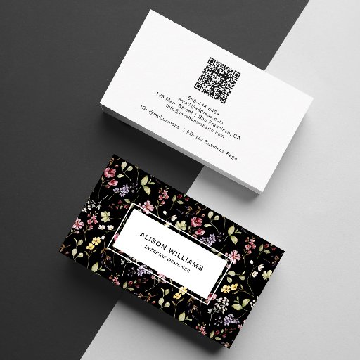 Customizable Wildflower QR Code Spring Floral Black  Business Card