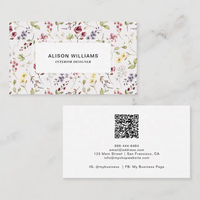 Wildflower QR Code Spring Flower Pattern Business Card Zazzle