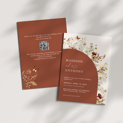 Wildflower QR Code Terracotta Wedding 2 in 1 Invitation