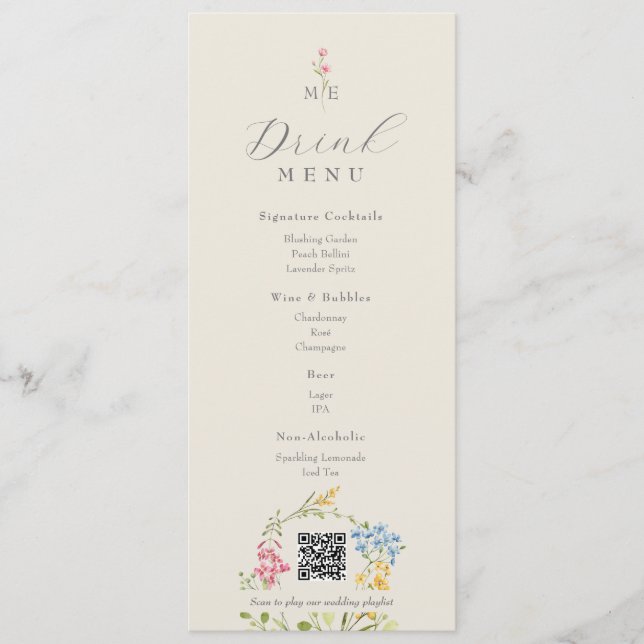Wildflower QR Wedding Drink Menu Card (Front)