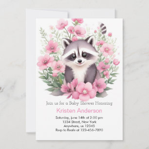 Wildflower Raccoon Pink Adventure Girl Baby Shower Invitation