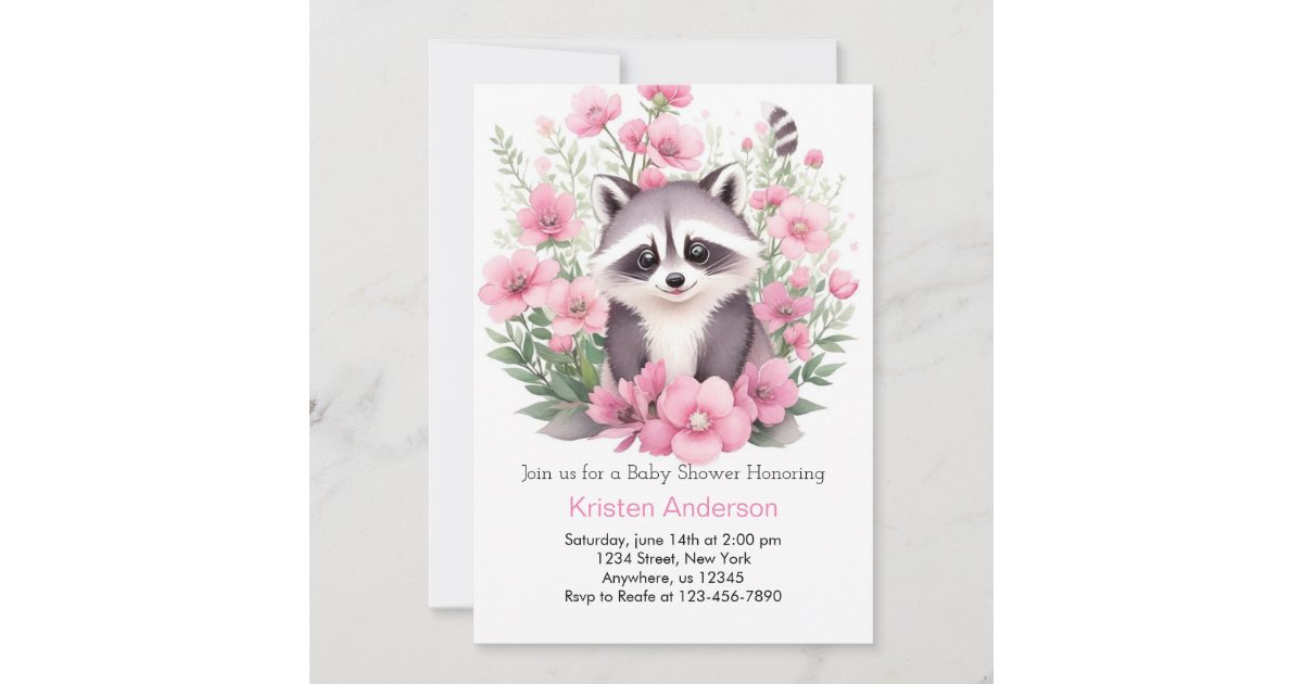Wildflower Raccoon Pink Adventure Girl Baby Shower Invitation