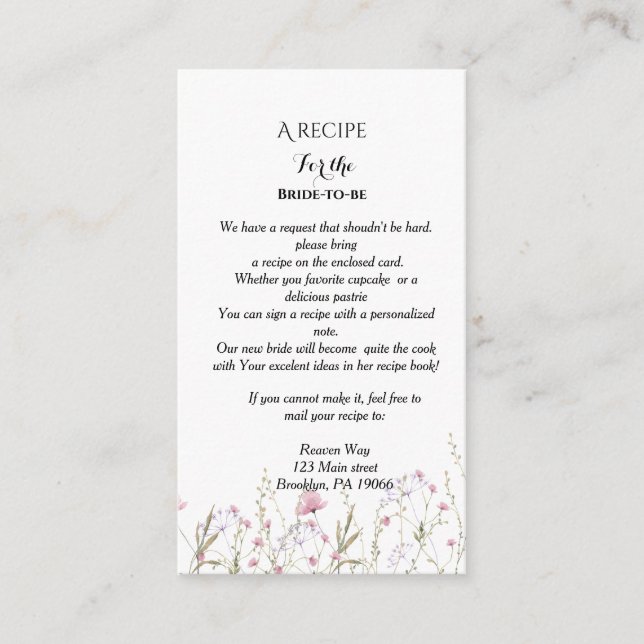 Wildflower Recipe request bridal shower Enclosure Card (Front)