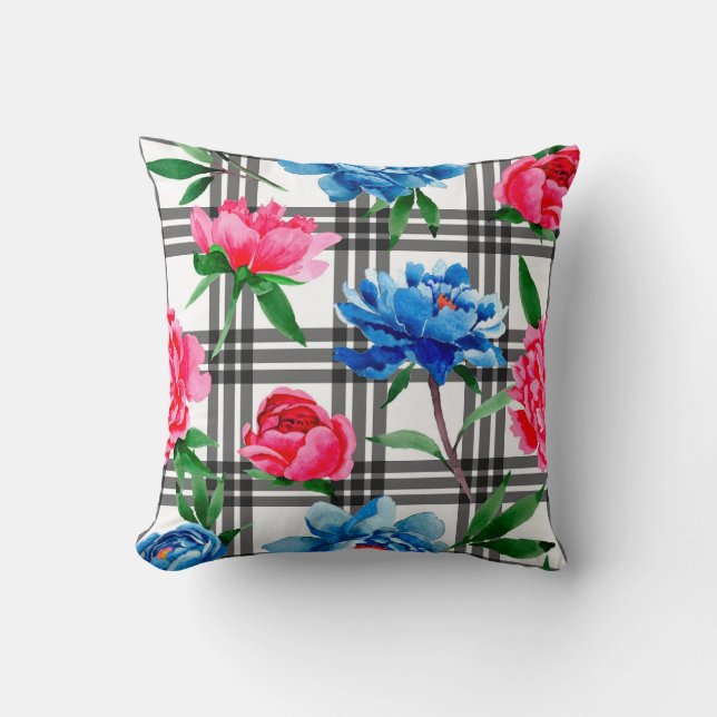 Wildflower red and blue peonies flowers pattern in throw pillow (Front)