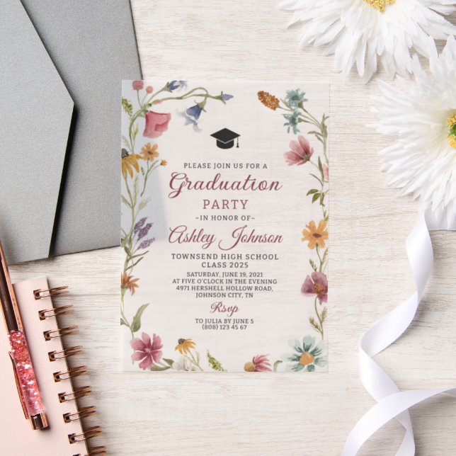 Wildflower Red Botanical Floral Graduation Vellum Invitations (Wedding)