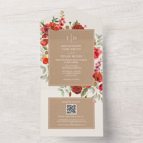 Wildflower Red Floral Cardstock Wedding RSVP All I All In One Invitation