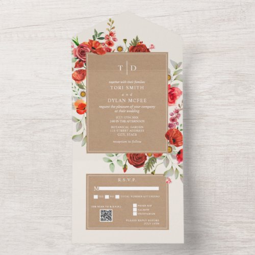 Wildflower Red Floral Cardstock Wedding RSVP QR All In One Invitation