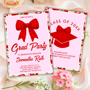 Wildflower Red Gingham Bow Graduation Party Invitation