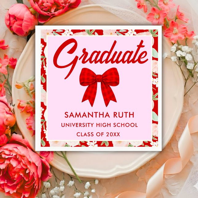 Wildflower Red Gingham Bow Graduation Party Napkins (Creator Uploaded)
