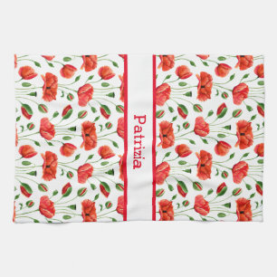 Wildflower Red Poppy Floral Pattern Custom Name  Kitchen Towel