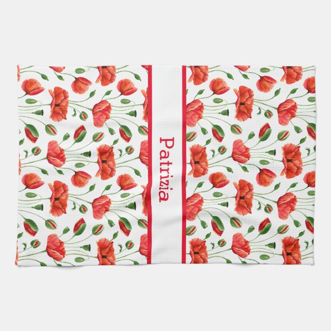 Wildflower Red Poppy Floral Pattern Custom Name  Kitchen Towel (Horizontal)