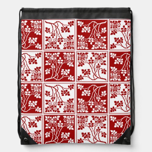 Wildflower Red White Tiled Pretty Floral Checkered Drawstring Bag