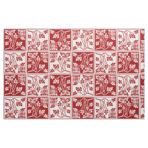 Wildflower Red White Tiled Pretty Floral Checkered Fabric