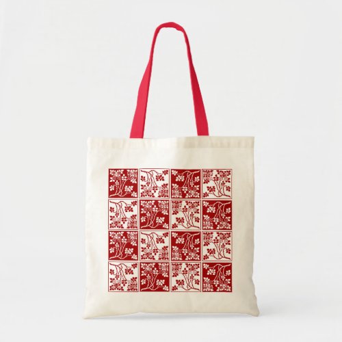 Wildflower Red White Tiled Pretty Floral Checkered Tote Bag