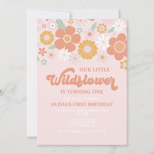 Wildflower Retro Floral first birthday Invitation