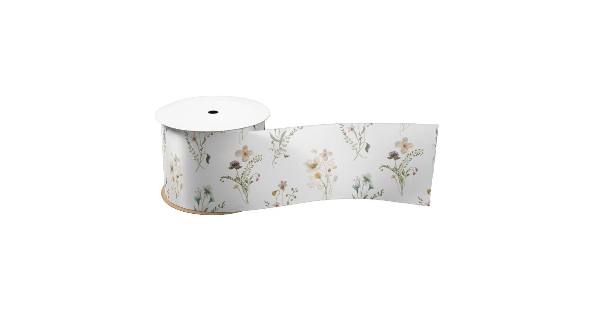 Dusty Blue and Dusty Rose Floral Botanical Pattern Satin Ribbon