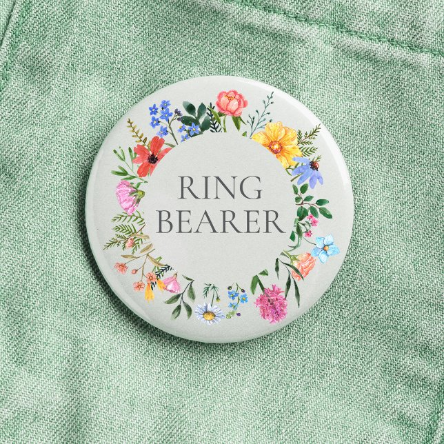 Wildflower Ring Bearer Wedding  Button (Ring Bearer Wildflower Watercolor Floral Wreath Wedding Button)