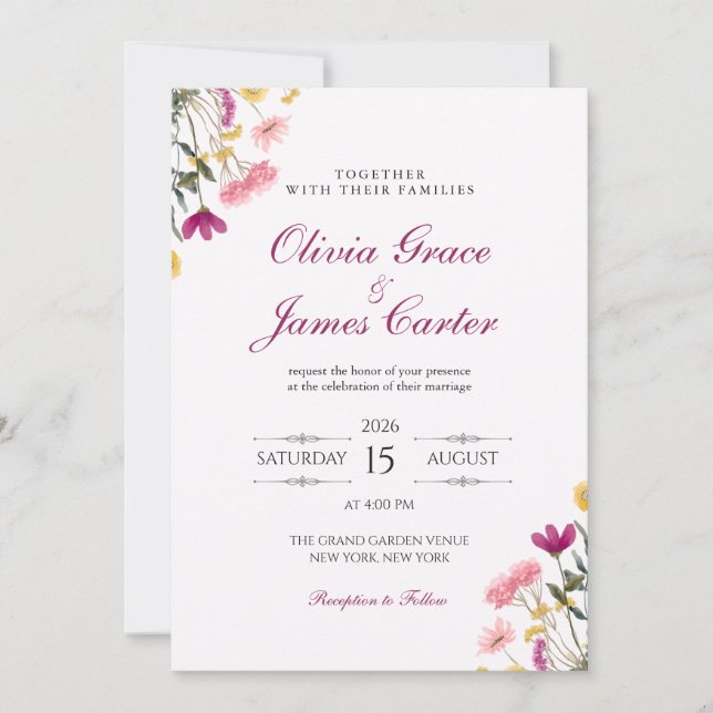Wildflower Romance Wedding Invitation | Pink Flora (Front)