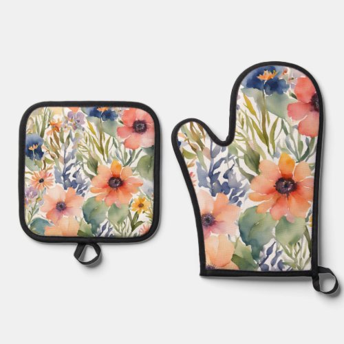 Wildflower Roses Watercolor Flowers Oven Mitt  Pot Holder Set