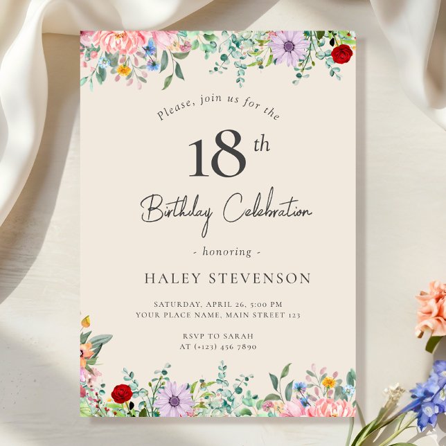 Wildflower Rustic Boho 18th Birthday Simple Beige Invitation (Creator Uploaded)