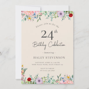 Wildflower Rustic Boho 24th Birthday Simple Beige Invitation