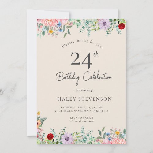 Wildflower Rustic Boho 24th Birthday Simple Beige Invitation