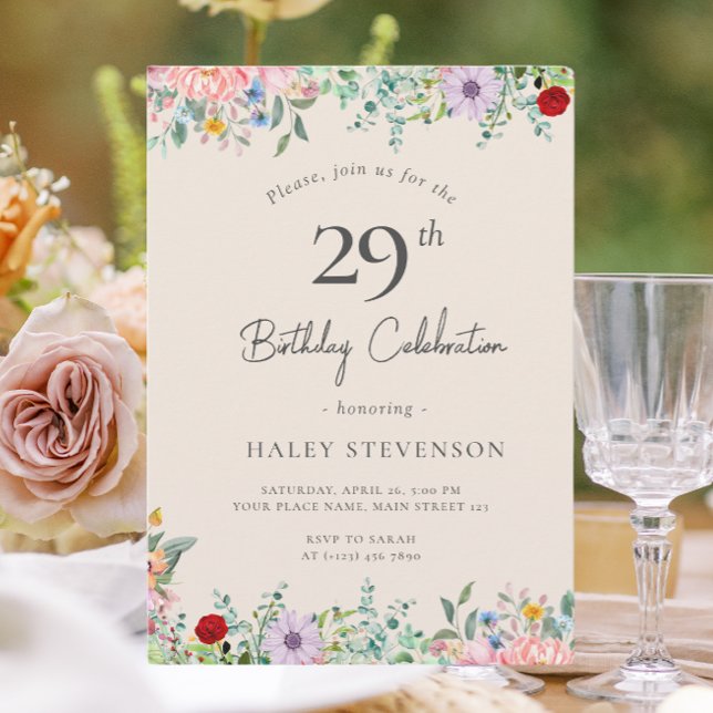 Wildflower Rustic Boho 29th Birthday Simple Beige Invitation (Creator Uploaded)
